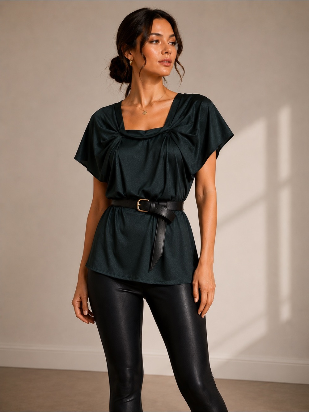BCBGMaxAzria Runway Dark Green Metallic Draped Shoulder blouse Size S